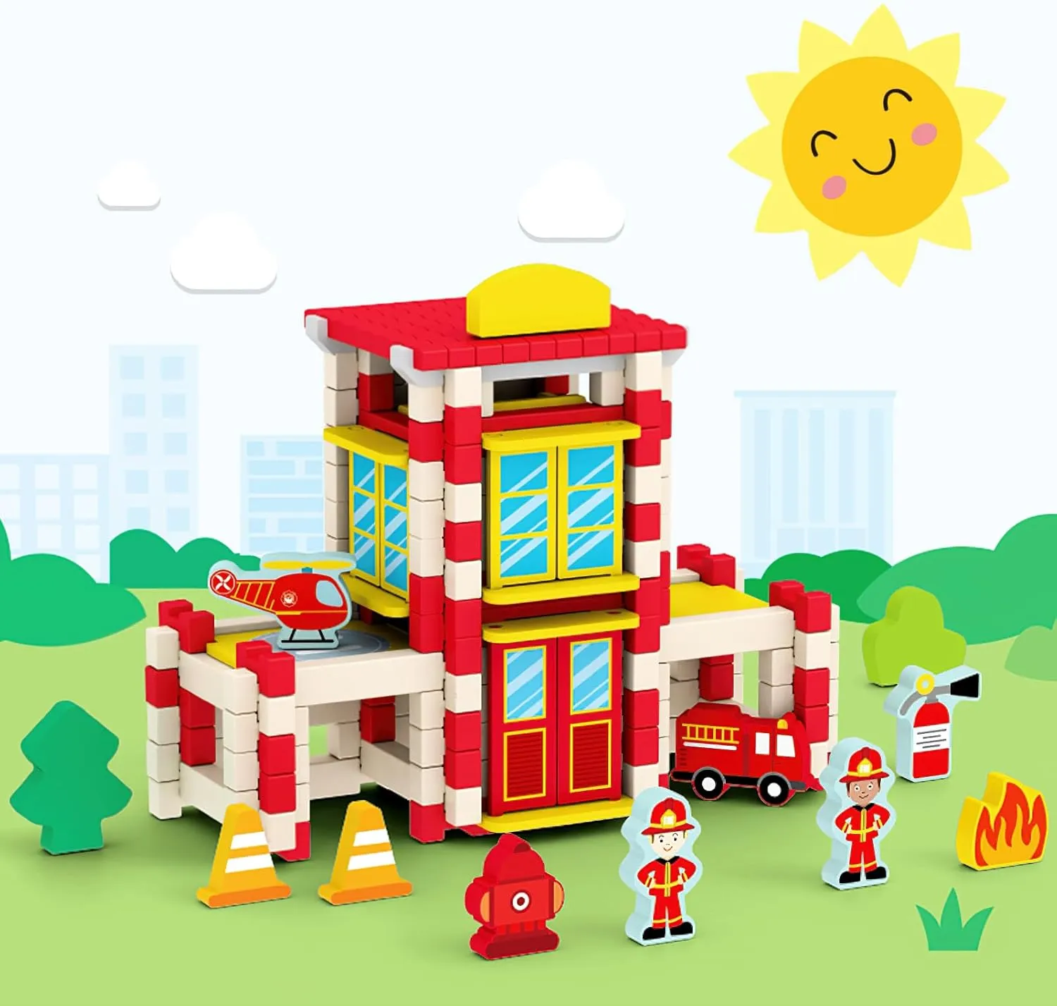 Girls and Boys (Fire Station) 157PCS Wooden Building Blocks Set for Toddlers, Construction City Stacking seminar rainy Toys, Preschool Learning Educational Toys for Kids 3  Years 