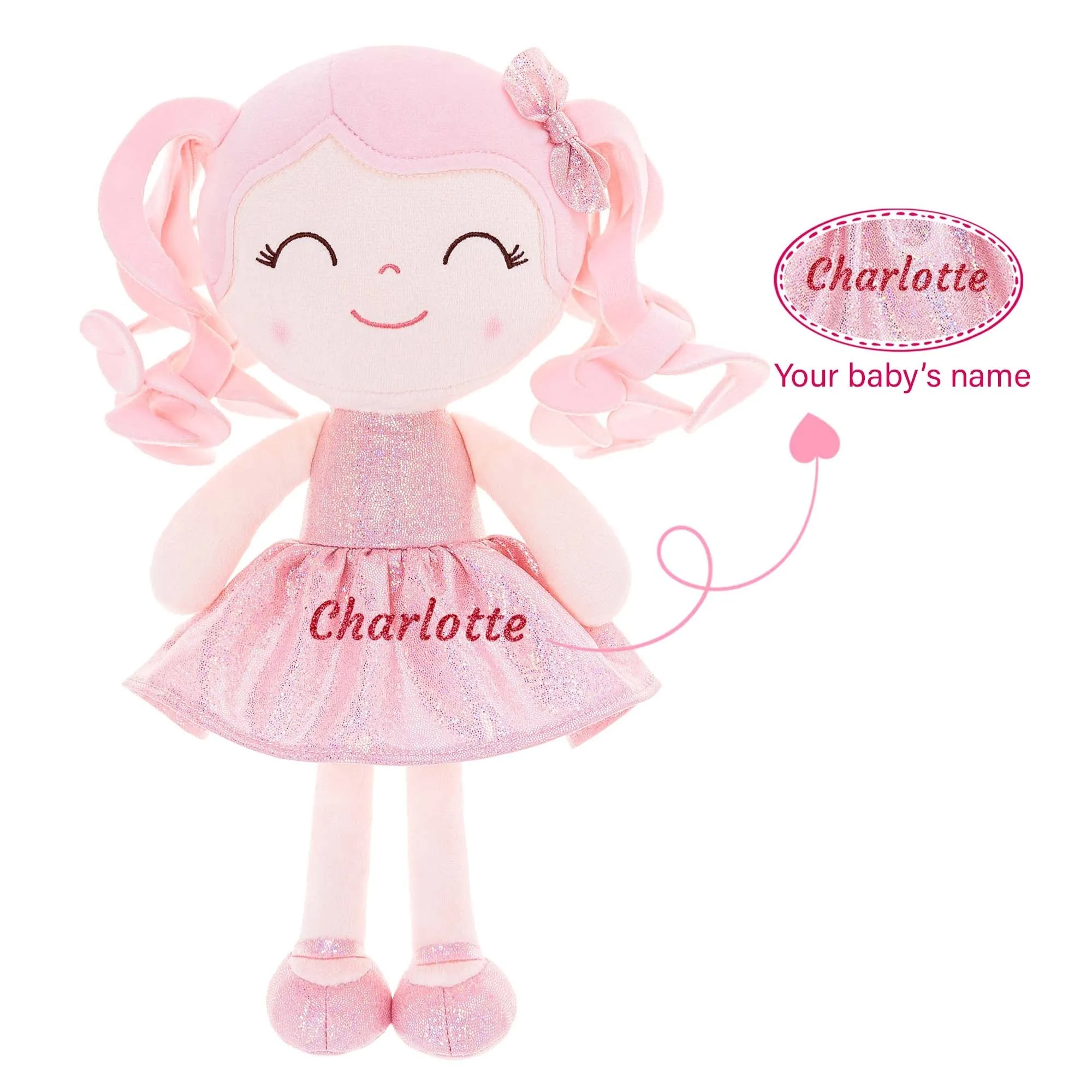 Gloveleya 12-inch Personalized Curly Hair Dolls Glitter Pinstripe Dress Pink