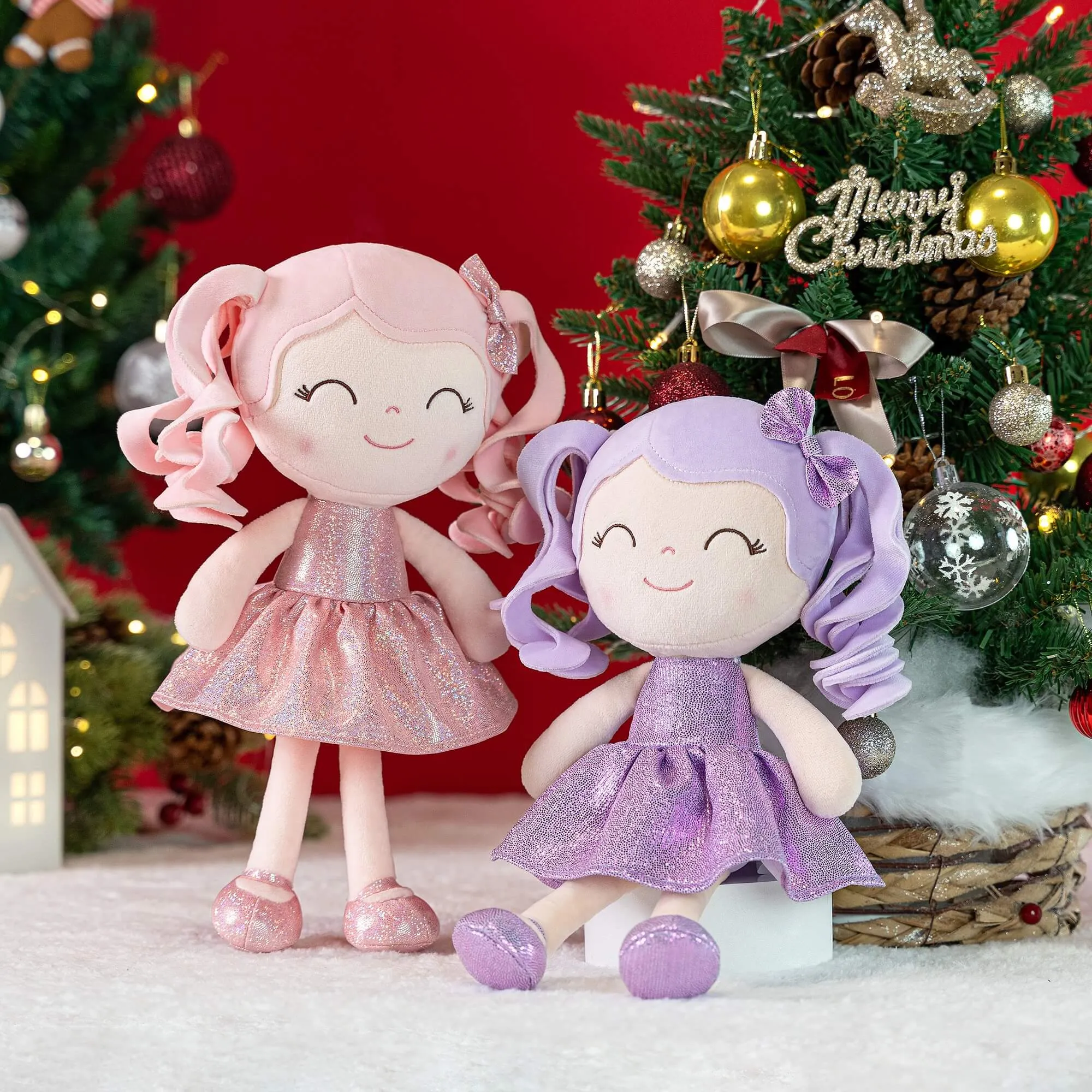 Gloveleya 12-inch Personalized Curly Hair Dolls Glitter Pinstripe Dress Pink