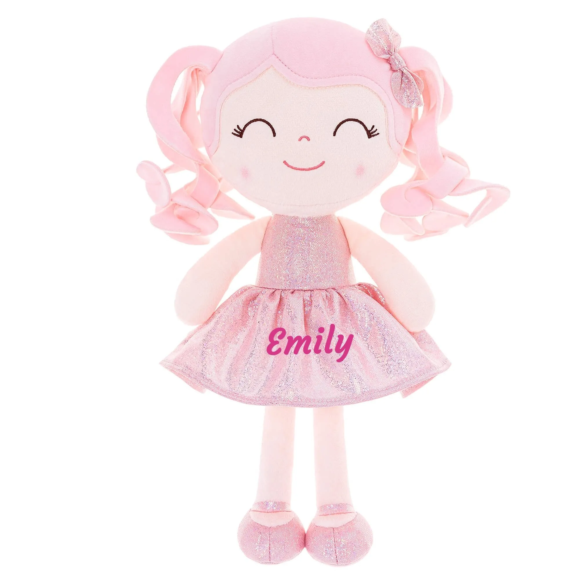 Gloveleya 12-inch Personalized Curly Hair Dolls Glitter Pinstripe Dress Pink