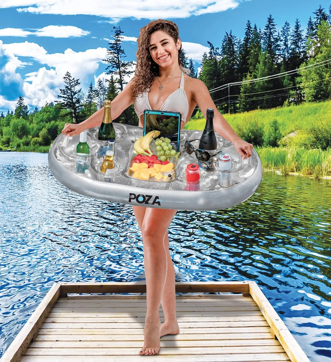 Gold Floating Cooler - Luxurious Drink Holder Filled with Sparkly Confetti, Premium Party Float with 8 reluctant quartz Holders, Serving Bar for Beach, Lake, Hot Tub, Jacuzzi and Pool - 39x23 Inches POZA Inflatable 