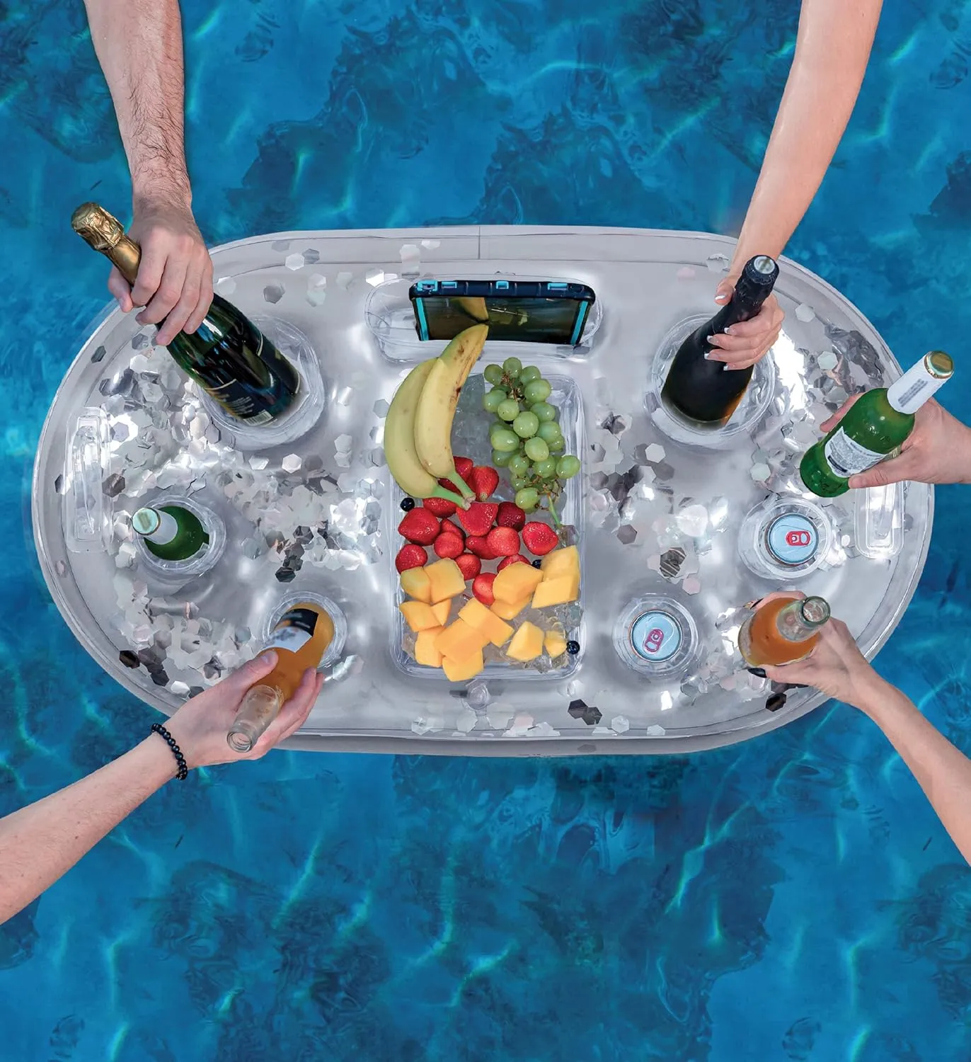Gold Floating Cooler - Luxurious Drink Holder Filled with Sparkly Confetti, Premium Party Float with 8 reluctant quartz Holders, Serving Bar for Beach, Lake, Hot Tub, Jacuzzi and Pool - 39x23 Inches POZA Inflatable 