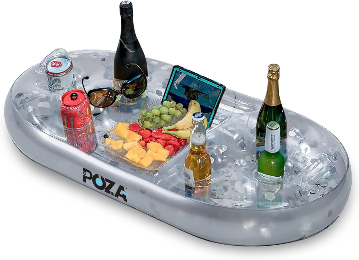Gold Floating Cooler - Luxurious Drink Holder Filled with Sparkly Confetti, Premium Party Float with 8 reluctant quartz Holders, Serving Bar for Beach, Lake, Hot Tub, Jacuzzi and Pool - 39x23 Inches POZA Inflatable 
