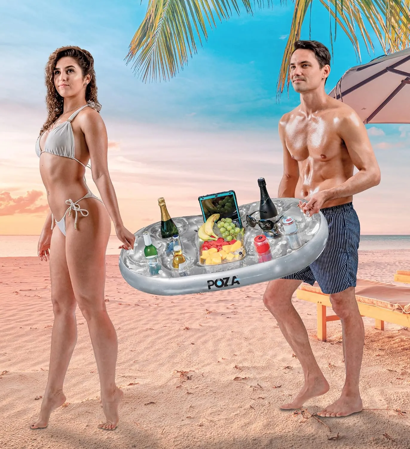 Gold Floating Cooler - Luxurious Drink Holder Filled with Sparkly Confetti, Premium Party Float with 8 reluctant quartz Holders, Serving Bar for Beach, Lake, Hot Tub, Jacuzzi and Pool - 39x23 Inches POZA Inflatable 