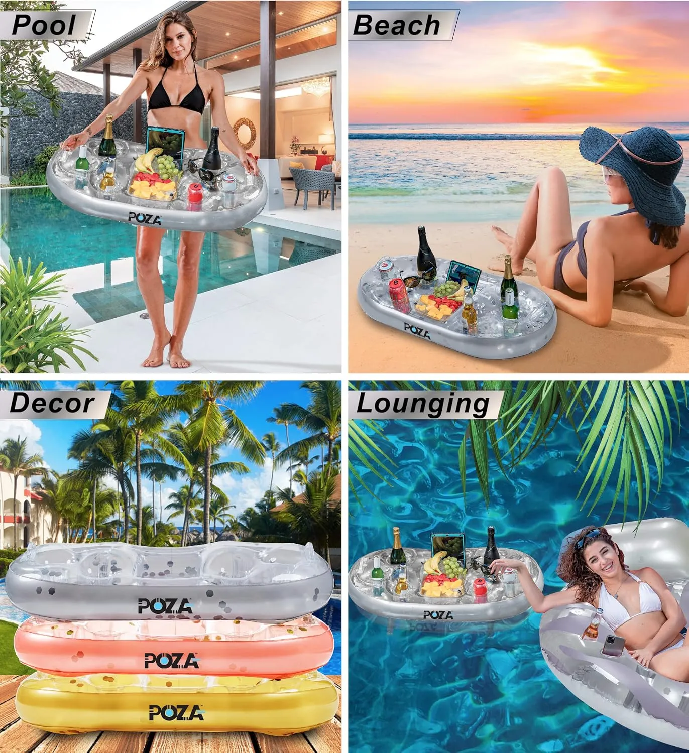 Gold Floating Cooler - Luxurious Drink Holder Filled with Sparkly Confetti, Premium Party Float with 8 reluctant quartz Holders, Serving Bar for Beach, Lake, Hot Tub, Jacuzzi and Pool - 39x23 Inches POZA Inflatable 