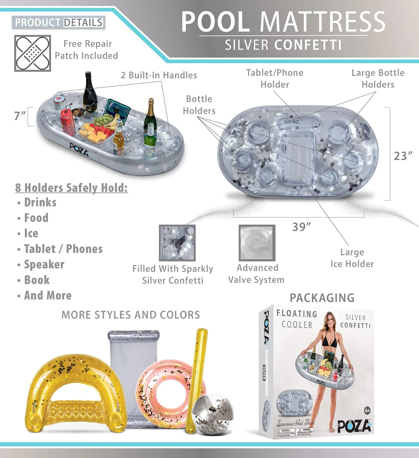 Gold Floating Cooler - Luxurious Drink Holder Filled with Sparkly Confetti, Premium Party Float with 8 reluctant quartz Holders, Serving Bar for Beach, Lake, Hot Tub, Jacuzzi and Pool - 39x23 Inches POZA Inflatable 