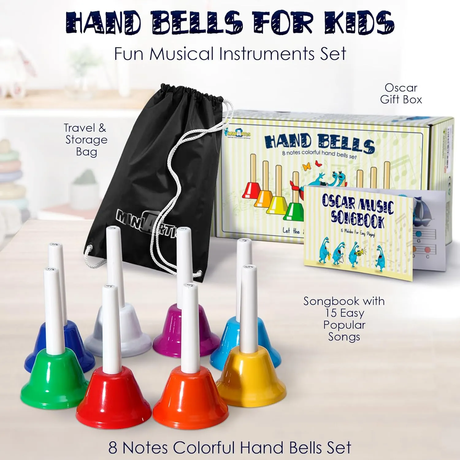 Handbells Set | Kids Musical Instrument with 15 Songbook | Great Birthday Gift for Children MINIARTIS Hand Bells rust for Kids | Educational Music Toys for Toddlers 8 Notes Colorful 