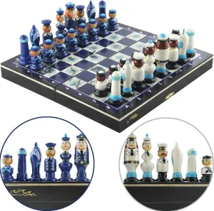 Handmade proportionally Chess Pieces Wooden Russian Dolls Sailors - Beach or Sailboat Decor - Navy Sailing Fun Gift for Boaters Nautical Decorations for Home - Themed Chess Set with 