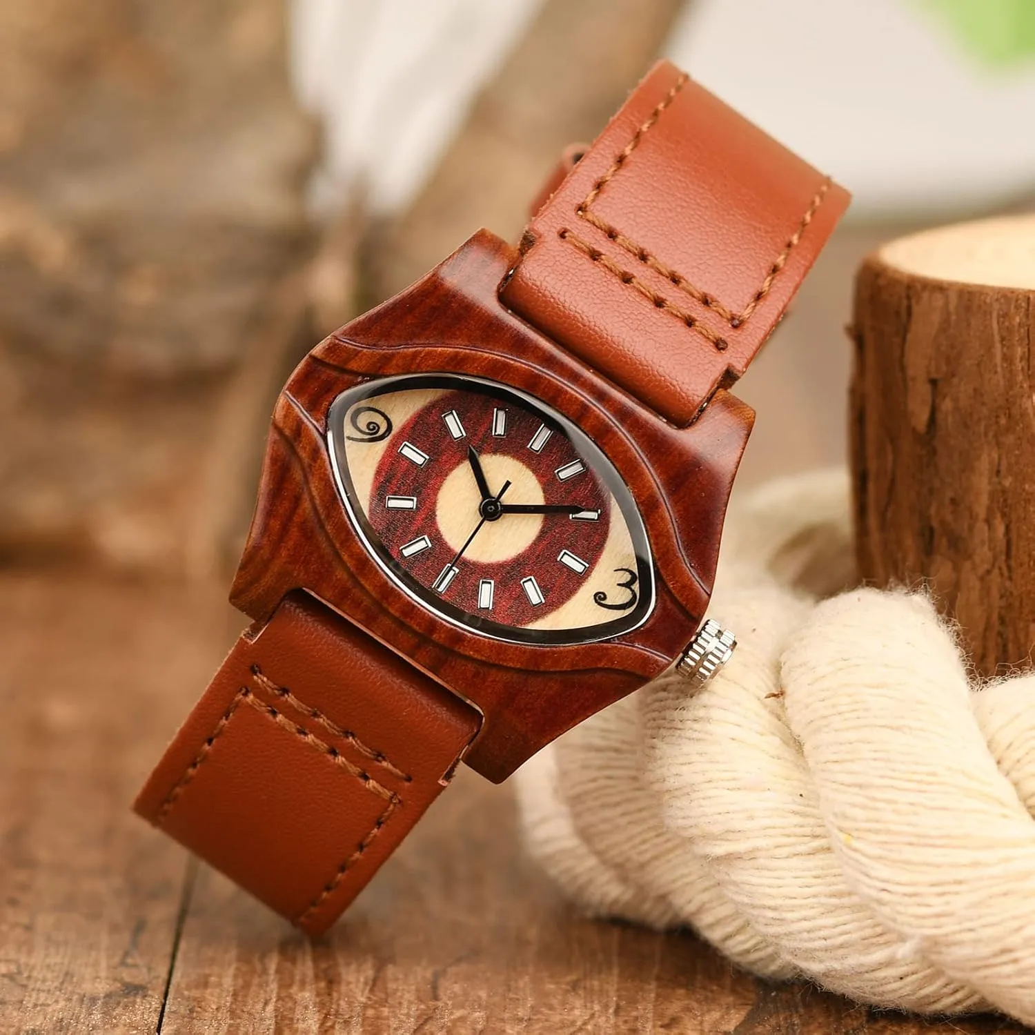 Handmade Wood Wrist Watch AIMES Womens Wooden Watch with Leather Strap Quartz Analog tube cane interlock careless sluggish exhibitor Red Bamboo Wooden Watches for Women Unique Lightweight 