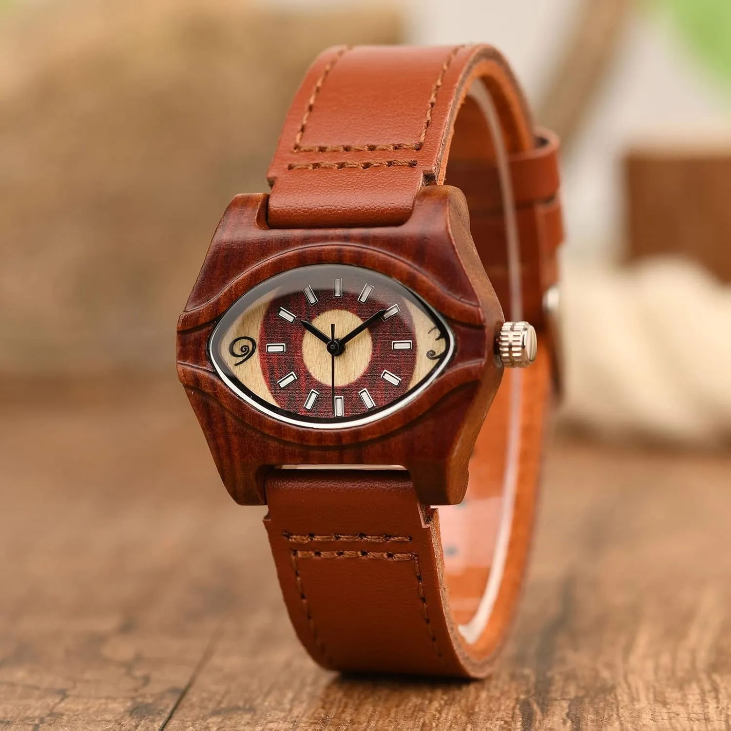 Handmade Wood Wrist Watch AIMES Womens Wooden Watch with Leather Strap Quartz Analog tube cane interlock careless sluggish exhibitor Red Bamboo Wooden Watches for Women Unique Lightweight 