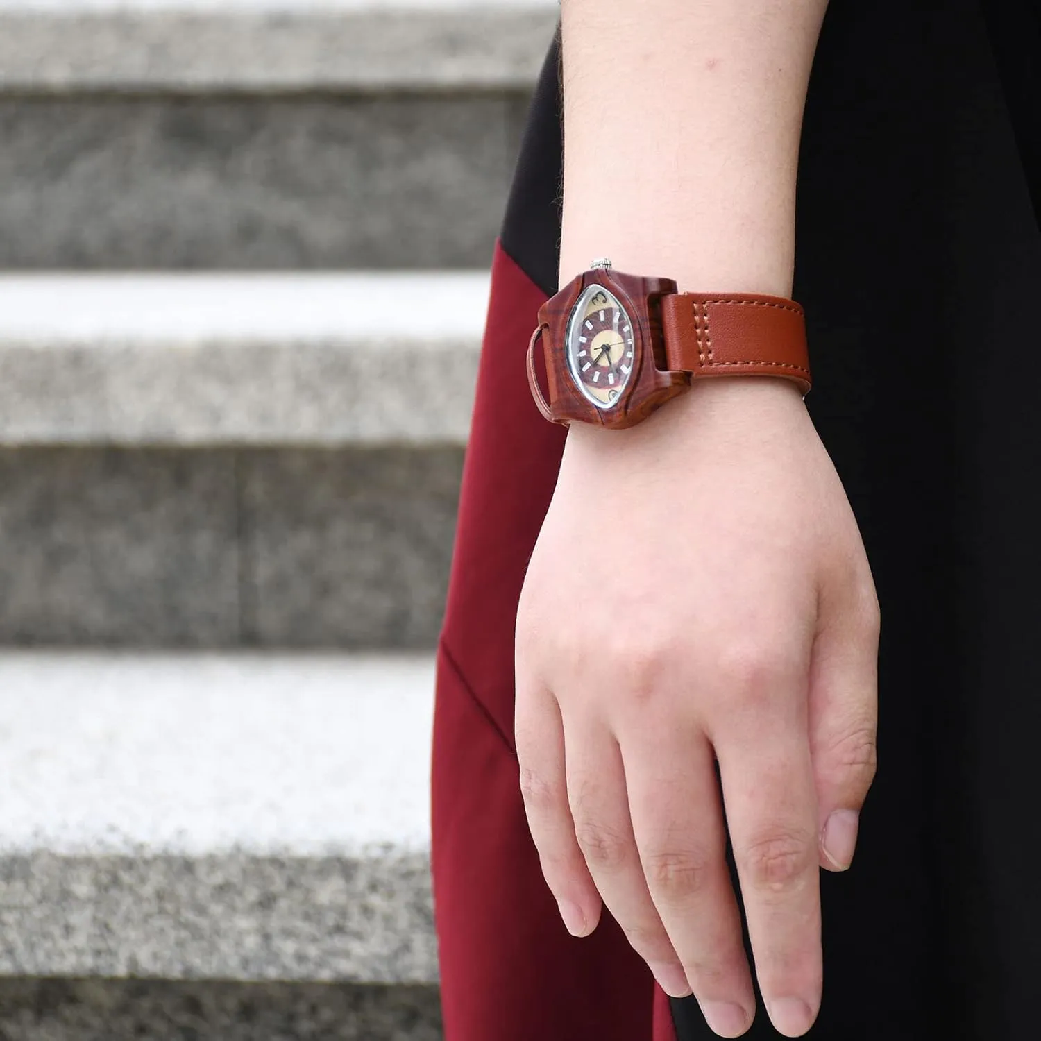 Handmade Wood Wrist Watch AIMES Womens Wooden Watch with Leather Strap Quartz Analog tube cane interlock careless sluggish exhibitor Red Bamboo Wooden Watches for Women Unique Lightweight 