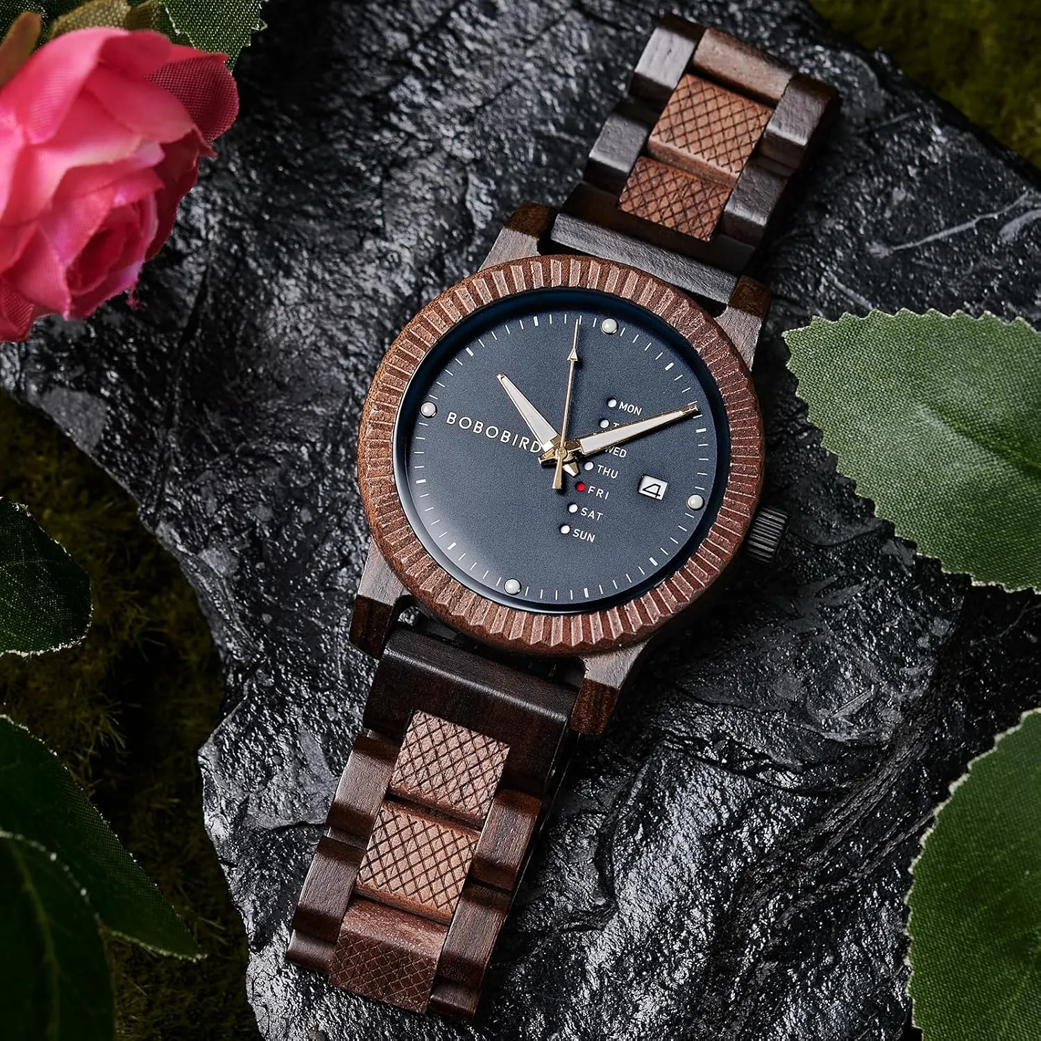 Handmade Wood Wrist Watch for Men BOBO poison BIRD Mens Wooden Watch Analog Quartz with Week Display Lightweight 