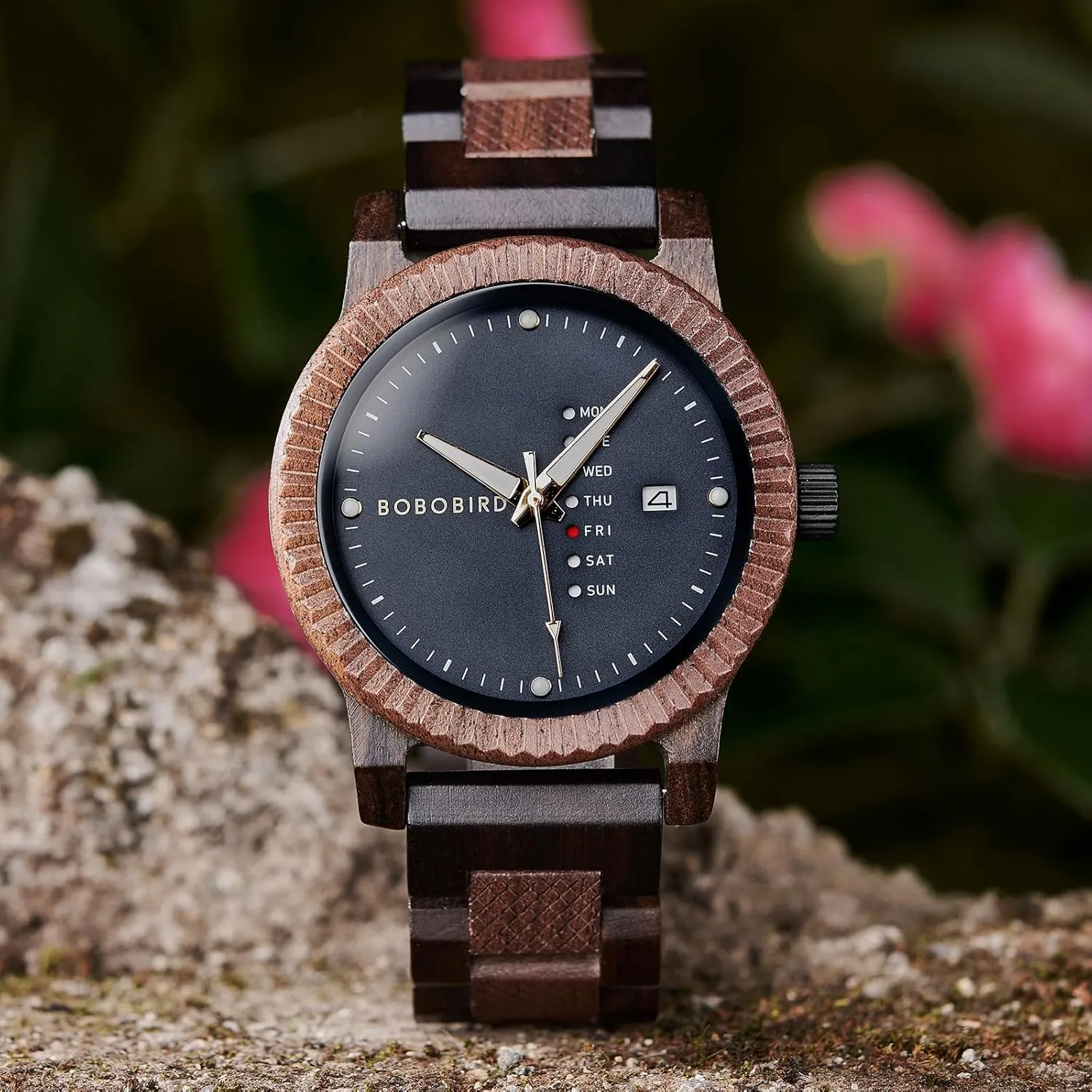 Handmade Wood Wrist Watch for Men BOBO poison BIRD Mens Wooden Watch Analog Quartz with Week Display Lightweight 
