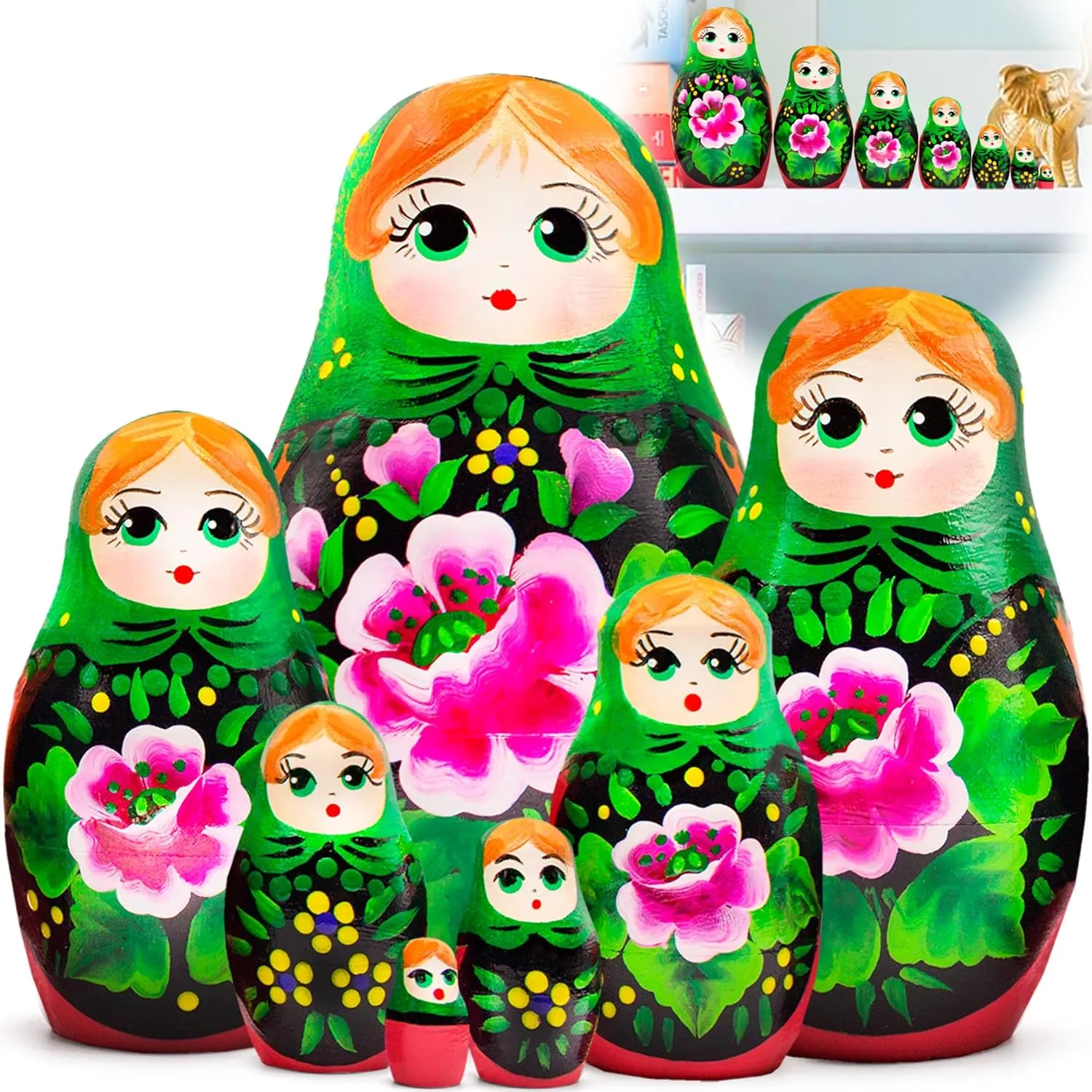 Head Scarf and Sarafan with Pink Rose Decorations - Hand Painted Russian Nesting Dolls - Cute Apartment Decor AEVVV Matryoshka Nesting Dolls Set subtraction of 7 pcs - Russian Doll in Green 