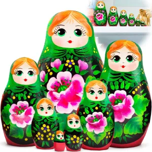 Head Scarf and Sarafan with Pink Rose Decorations - Hand Painted Russian Nesting Dolls - Cute Apartment Decor AEVVV Matryoshka Nesting Dolls Set subtraction of 7 pcs - Russian Doll in Green 