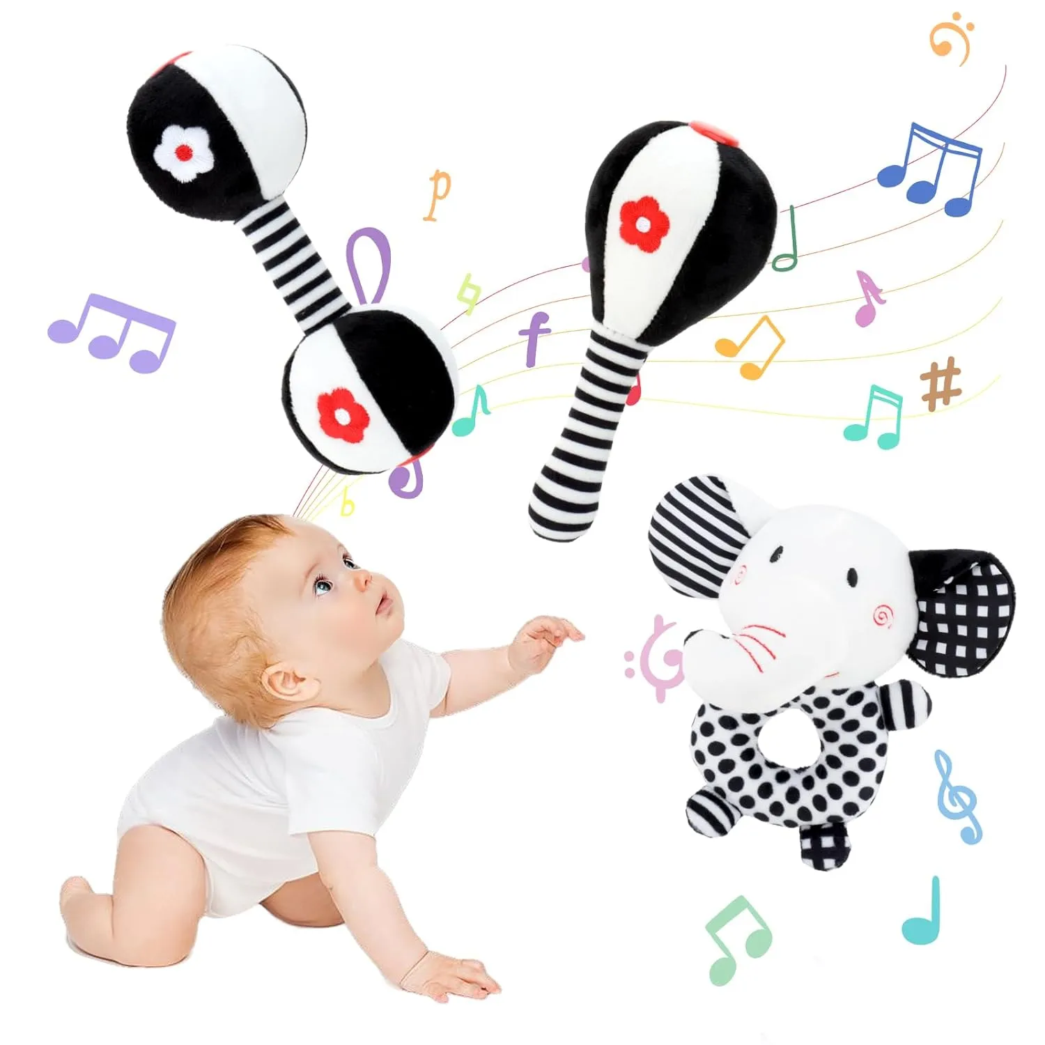High Contrast Baby Toys Rattle for Infants 0-3 6-12 capture Months Babies Montessori Brain Development Teether Toy(Maraca Elephant Set) 3PC Soft Baby Rattles 0-6 Months Newborn Toys, Vsenkes Black and White 