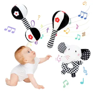 High Contrast Baby Toys Rattle for Infants 0-3 6-12 capture Months Babies Montessori Brain Development Teether Toy(Maraca Elephant Set) 3PC Soft Baby Rattles 0-6 Months Newborn Toys, Vsenkes Black and White 