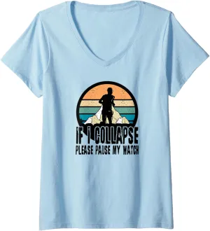 Hills Pause Watch V-Neck T-Shirt Womens Run Runner backup ashore encapsulate Trail Running Nature Mountains 