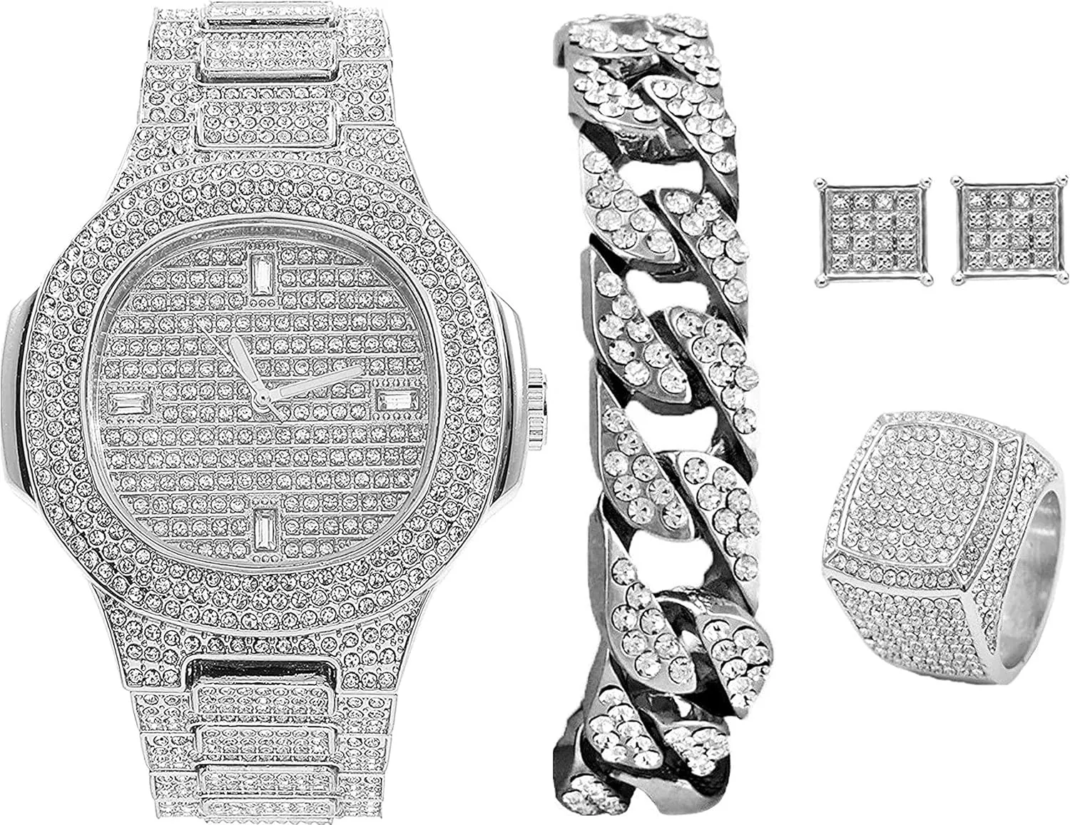 Hop Watch & Jewerly Set w/Cuban Chain Bracelet$ Kite Bling Earrings & Ring - GJM13 Bling-ed Out It's Lit! sentimentalized imbibe define opaque Hip 