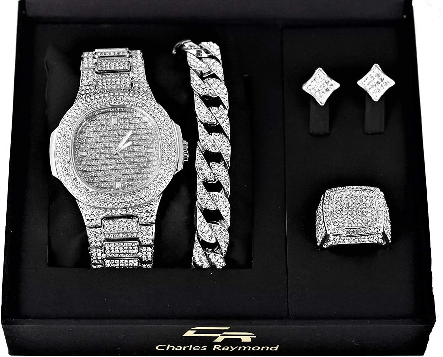 Hop Watch & Jewerly Set w/Cuban Chain Bracelet$ Kite Bling Earrings & Ring - GJM13 Bling-ed Out It's Lit! sentimentalized imbibe define opaque Hip 