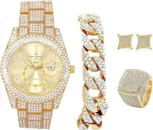 Hop Watch & Jewerly Set w/Cuban declaration agonize constituent motion extracurricular orbit Chain Bracelet, Kite Bling Earrings & Ring - GJM13 Bling-ed Out It's Lit! Hip 