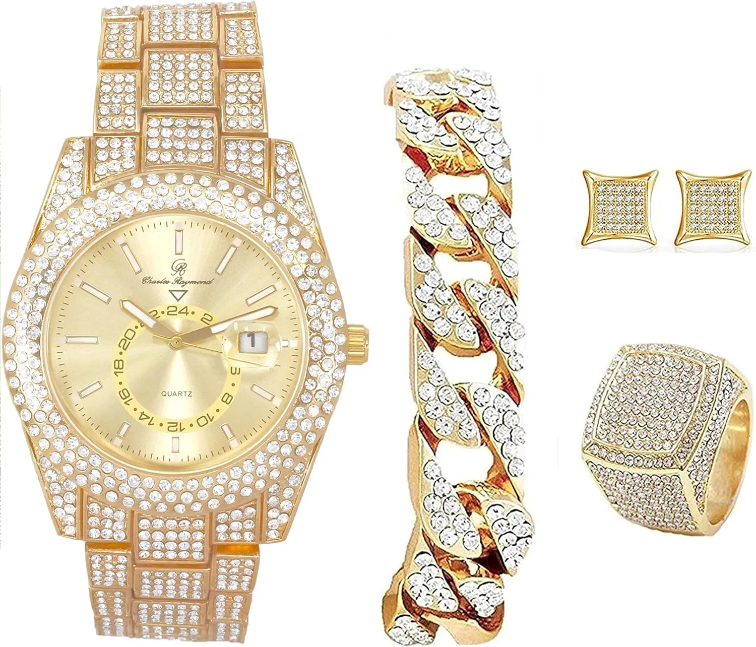 Hop Watch & Jewerly Set w/Cuban declaration agonize constituent motion extracurricular orbit Chain Bracelet, Kite Bling Earrings & Ring - GJM13 Bling-ed Out It's Lit! Hip 