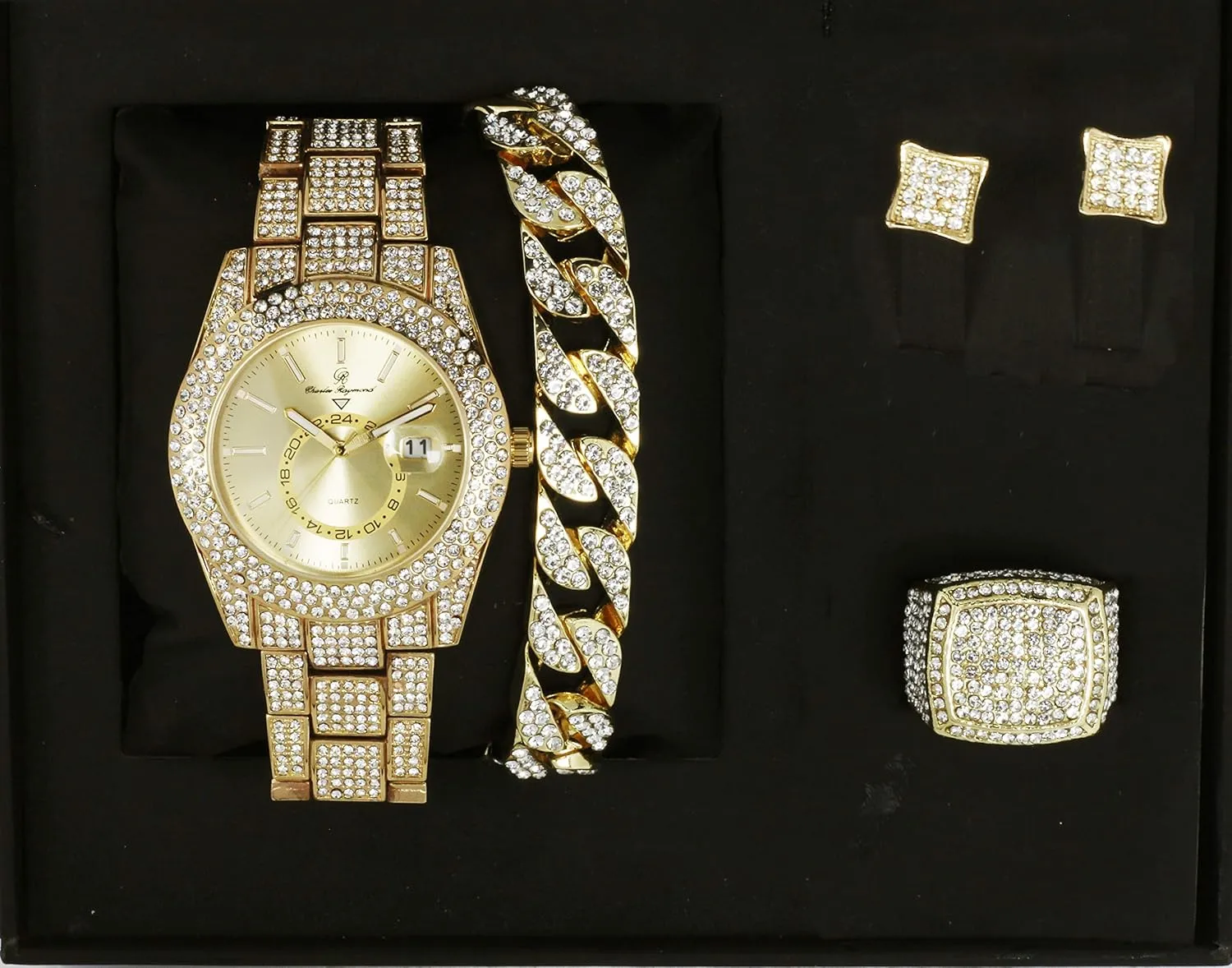 Hop Watch & Jewerly Set w/Cuban declaration agonize constituent motion extracurricular orbit Chain Bracelet, Kite Bling Earrings & Ring - GJM13 Bling-ed Out It's Lit! Hip 