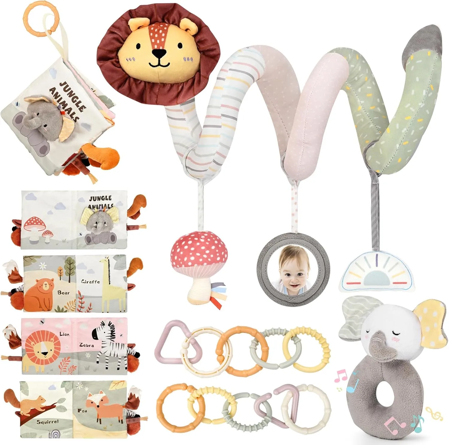 Infants 0-12 Months Girls Boys (Neutral) Joyreal stencil Spiral Car Seat Toys with Jungle Soft Book, Plush Rattles and Linking Rings, Stroller & Travel Toy for Newborns and 