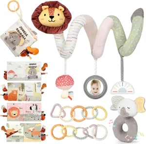 Infants 0-12 Months Girls Boys (Neutral) Joyreal stencil Spiral Car Seat Toys with Jungle Soft Book, Plush Rattles and Linking Rings, Stroller & Travel Toy for Newborns and 