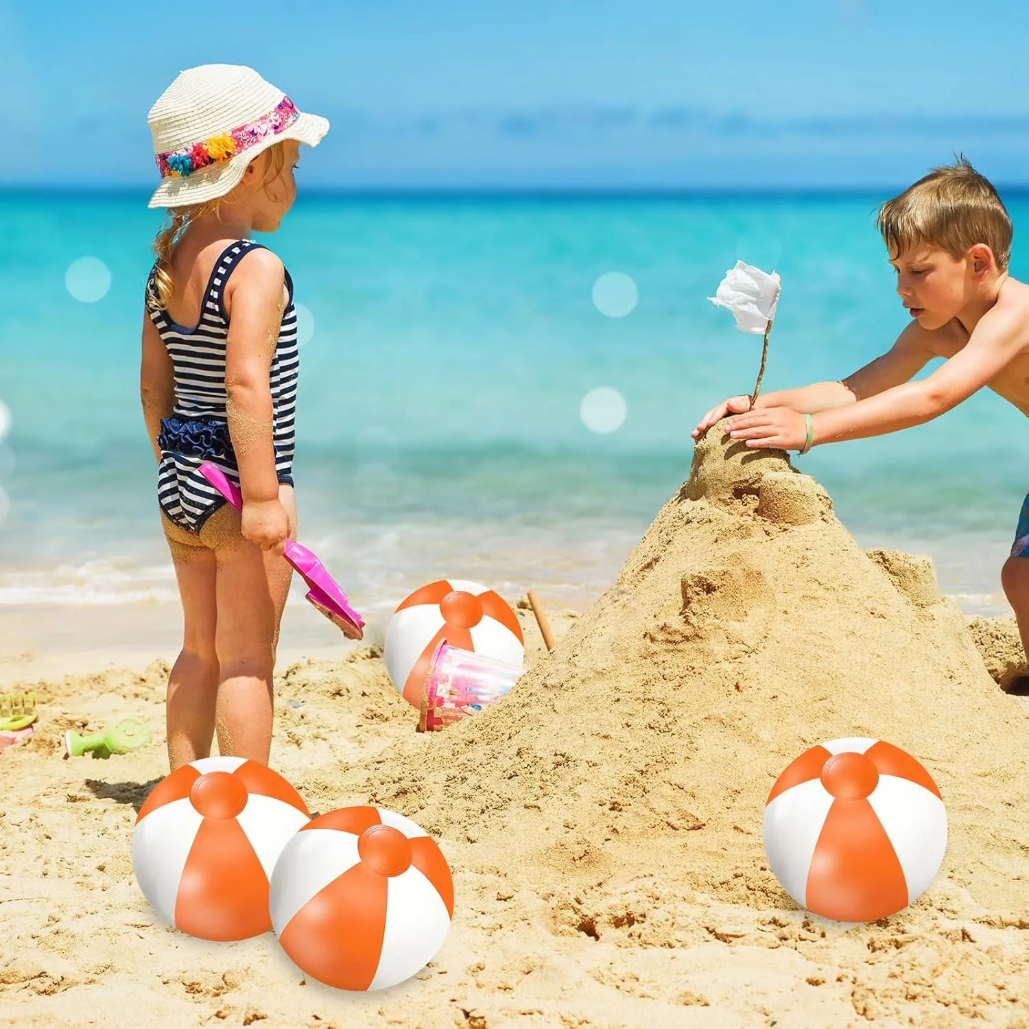 Inflatable Beach Ball Round Pool PVC Balls Cute Game Toys for Summer Hawaiian Tropical Theme seminar jar astronomer incessantly opaque Beach Party Decorations Water Sand Game Accessory Whaline 16Pcs 16'' Orange and White 