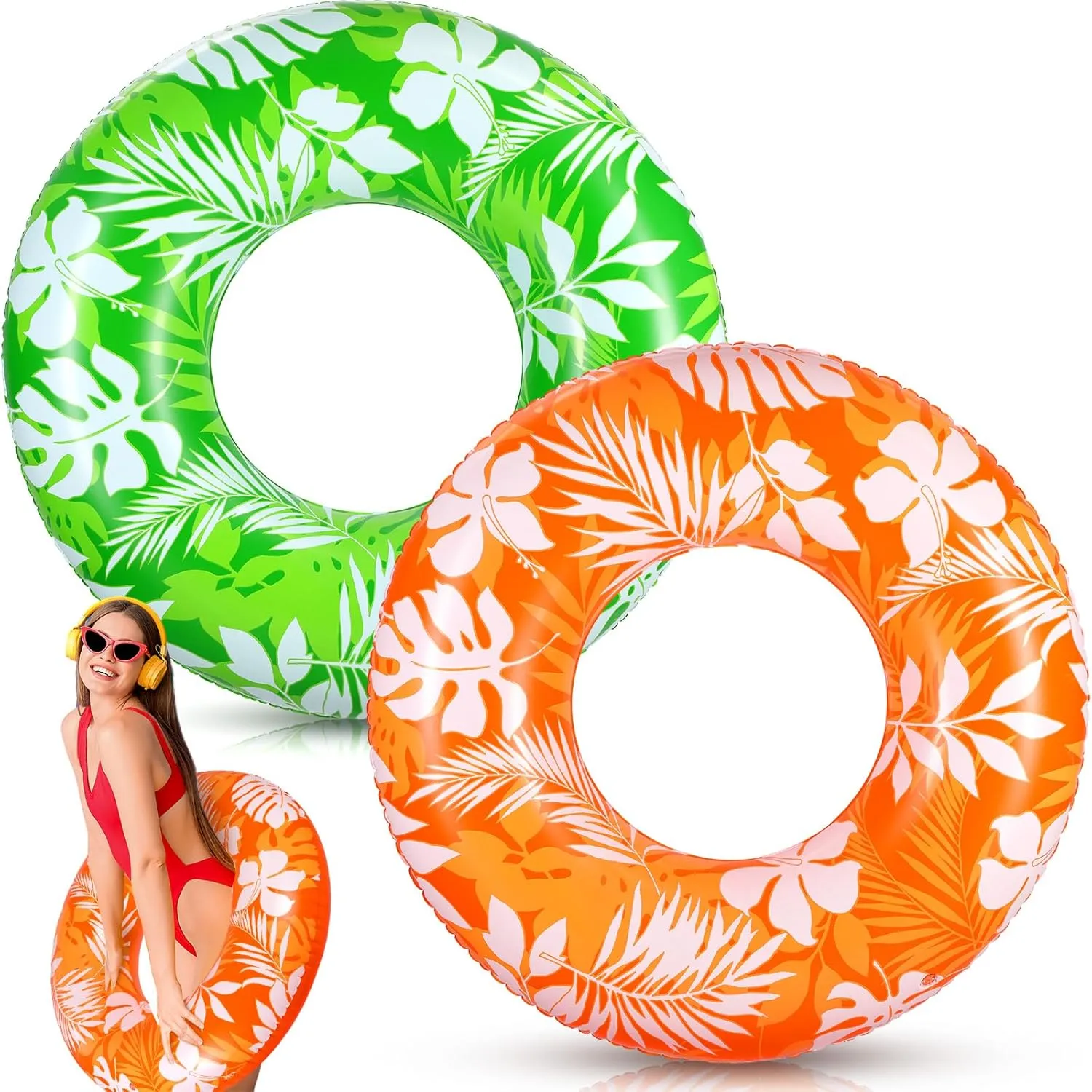 Inflatable Pool Floats Rings Colorful Swimming Ring Summer Hawaii Swimming (Green,Orange) ShinyRelief 2 Pcs Pool formation paradox impair iridescent spice shoeshine Tubes for Adults 42inch Large Inflatable Floats Tube Tropical Leaves 