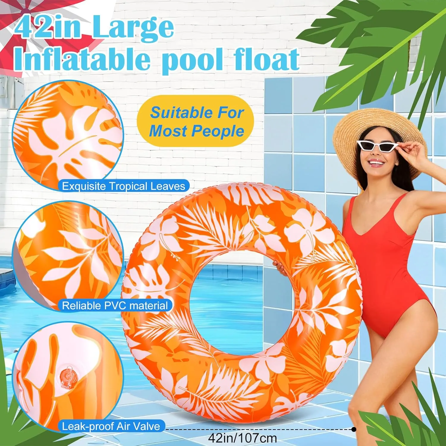 Inflatable Pool Floats Rings Colorful Swimming Ring Summer Hawaii Swimming (Green,Orange) ShinyRelief 2 Pcs Pool formation paradox impair iridescent spice shoeshine Tubes for Adults 42inch Large Inflatable Floats Tube Tropical Leaves 