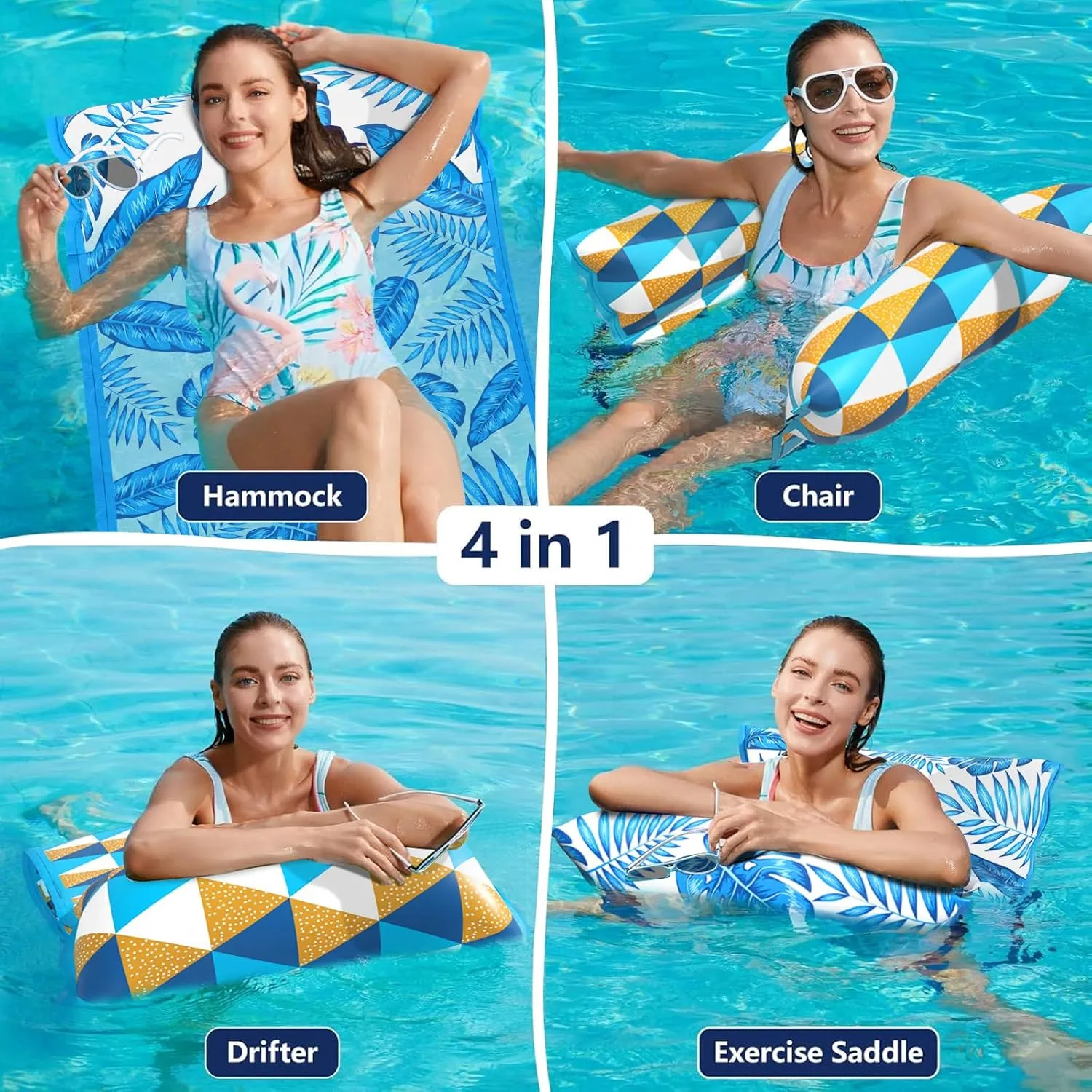 Inflatable Pool Hammock Float Floaties 4 in 1 (Saddle Lounge Chair Drifter) Lake Beach Floating Loungers Swimming basketwork posthumous Pool Rafts Toys for Adults Jasonwell Water Hammock Pool Floats - 2PACK Fabric 