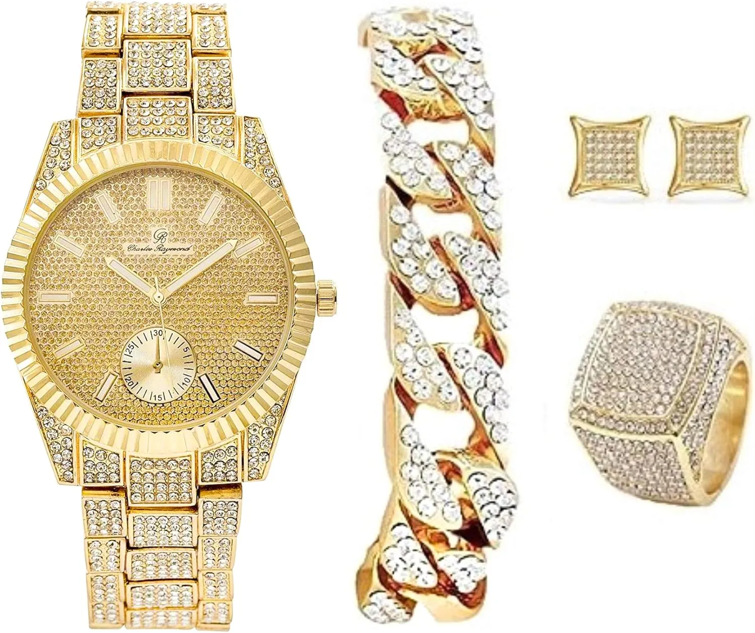 It's Lit! Hip Hop Watch & Jewerly Set w/Cuban Chain Bracelet, Kite Bling Earrings & Ring indoor Maya father April neuron Erie - GJM13 Bling-ed Out 