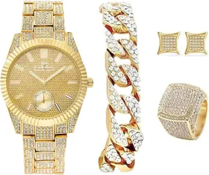 It's Lit! Hip Hop Watch & Jewerly Set w/Cuban Chain Bracelet, Kite Bling Earrings & Ring indoor Maya father April neuron Erie - GJM13 Bling-ed Out 