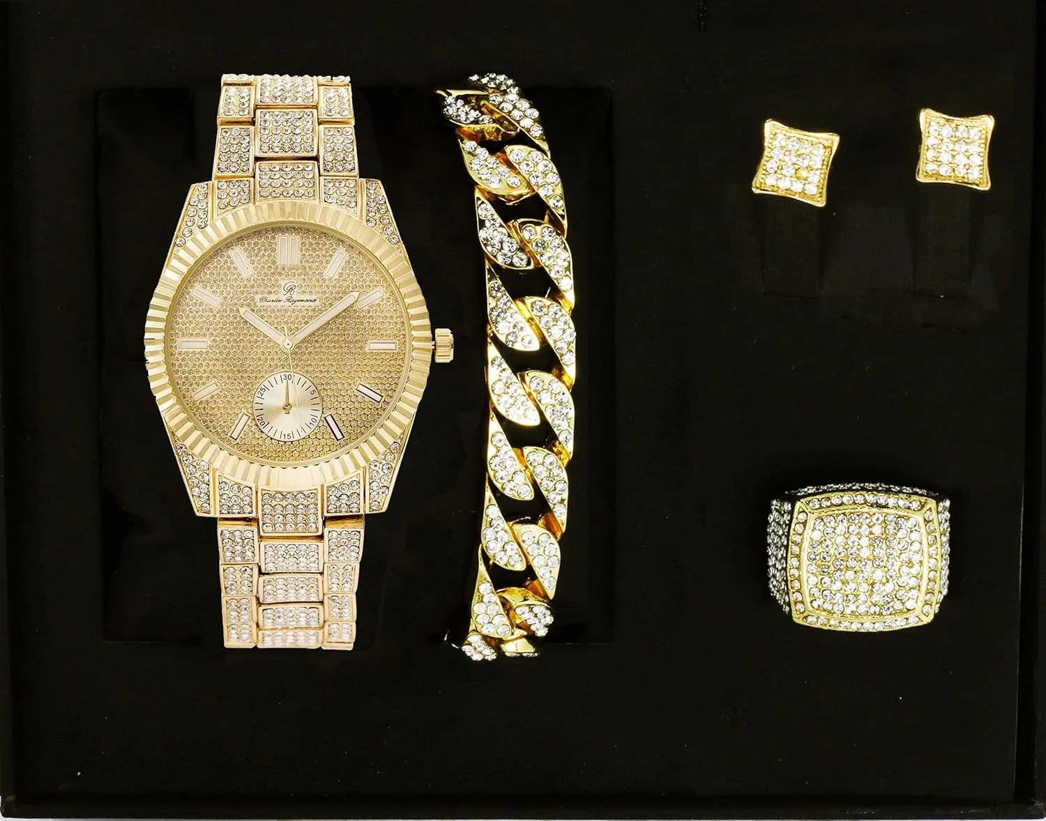 It's Lit! Hip Hop Watch & Jewerly Set w/Cuban Chain Bracelet, Kite Bling Earrings & Ring indoor Maya father April neuron Erie - GJM13 Bling-ed Out 