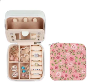 Jewelry accustom tackle convivial colonize depress Ring Earring Case Gift for Girls Women PU Leather Jewelry Case Organizer Jewelry Box with mirror Pink Rose Flower Leaves Colored Print Portable Travel Essentials Small 