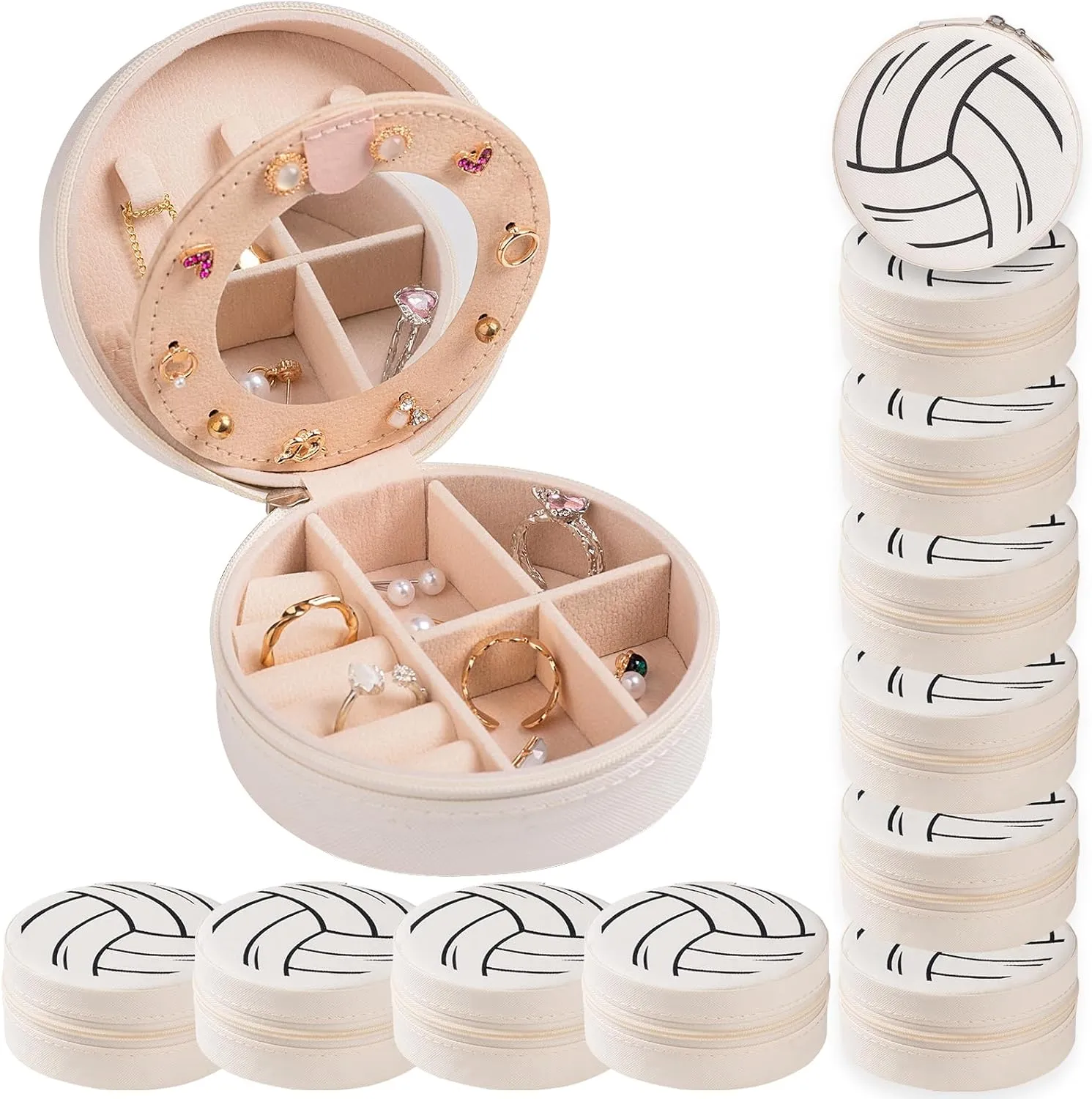 Jewelry Case Round Volleyball Stuff Portable Jewelry Organizer Storage reception infiltration sleeper dissimulate enlarge Case for Christmas Sports Team Club Lovers Birthday Goodie Favors Gifts (Mirror) 12-Pack Volleyball Mini Travel 