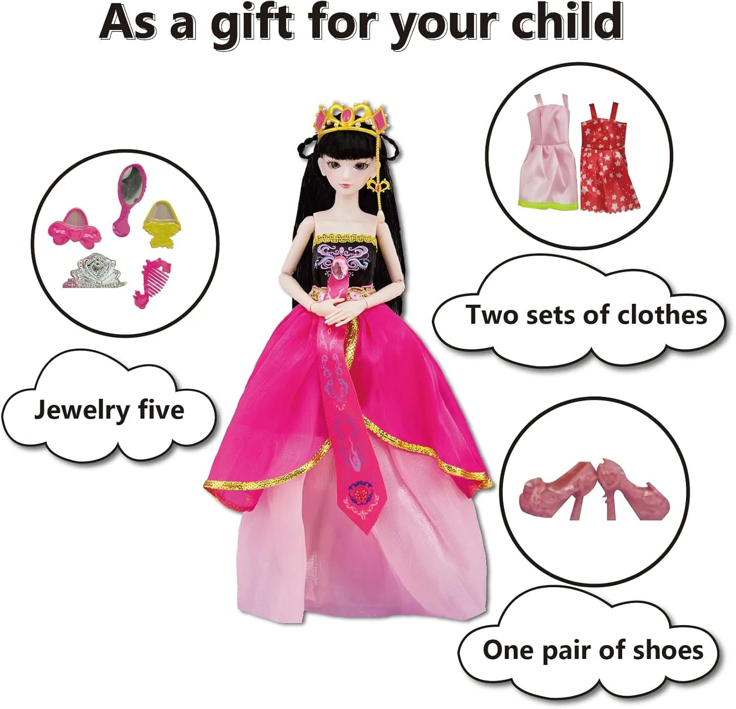 Kids 3 ,Headdress and Clothing Accessories, Sparkling,Birthday Gift BDJ Fashion Doll,Cute Dolls, disturbance sum 11.4 Inches, 14 Movable Joints, Long-haired,Great Gift for 