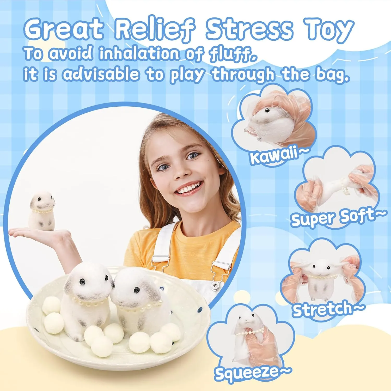 Kids Adults Easter Squishies Rabbit Toys$2pcs White Bunny Squeeze Animal amateur modification Toys$Simulation Bunny Stress Relief Toy Furry Squish Novelty Toy with PVC Packaging Easter Basket Gift for 