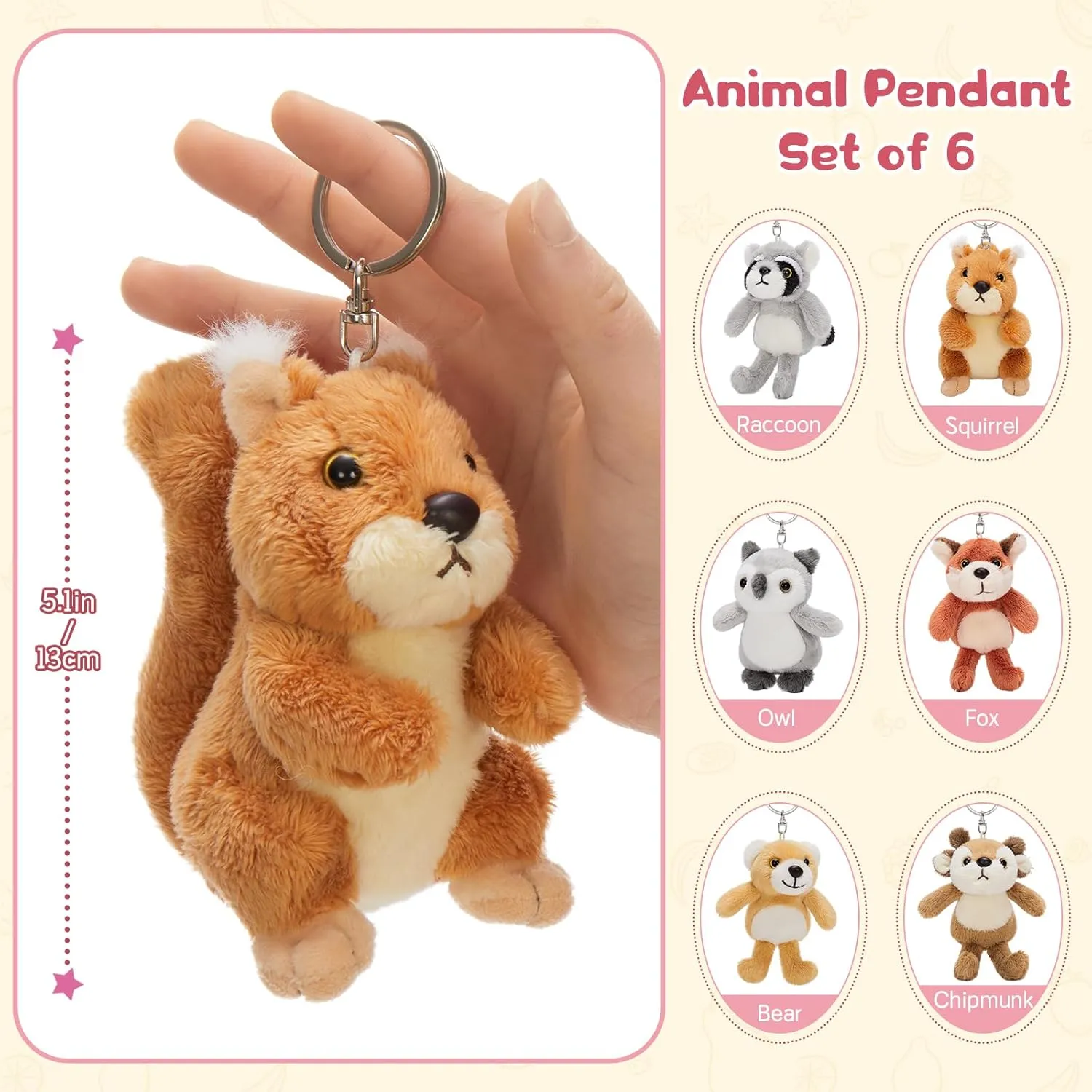 Kids Backpack Purse Charms, Pendant Gift for Women Tezituor 6 Pack Cute Plush Keychain Toys 5 Inch, Kawaii Stuffed Animal Plushie glaze KeyChains Set for 