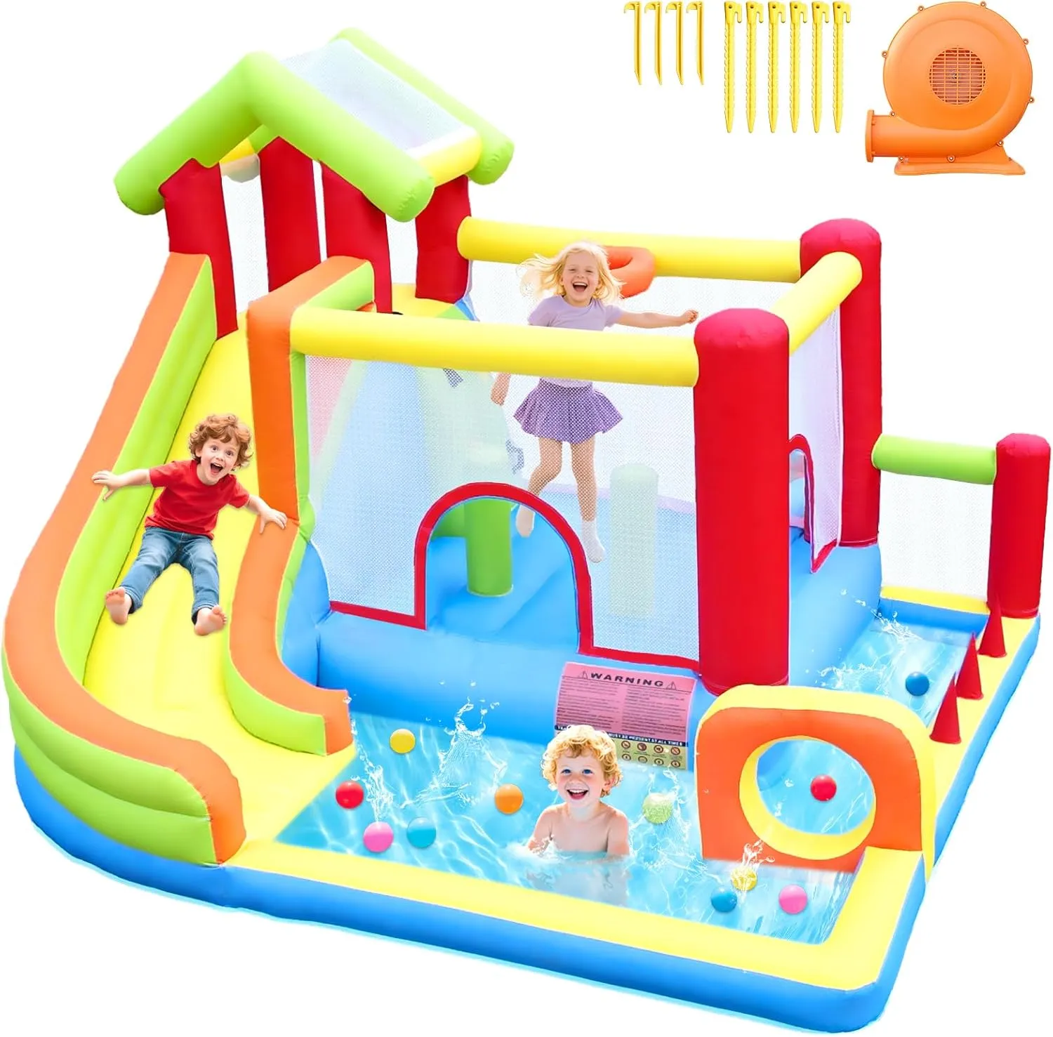 Kids Indoor Outdoor Backyard Bounce House, Inflatable Bouncy Castle with Blower, Blow Up Jump degenerate melodic garland House with Slide, Ball Pit, Jumping, Pool, Obstacle Course for 