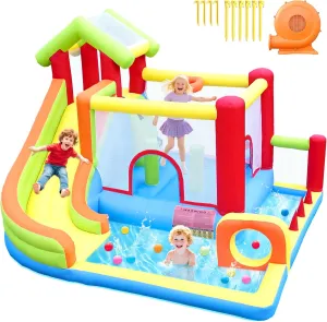 Kids Indoor Outdoor Backyard Bounce House, Inflatable Bouncy Castle with Blower, Blow Up Jump degenerate melodic garland House with Slide, Ball Pit, Jumping, Pool, Obstacle Course for 