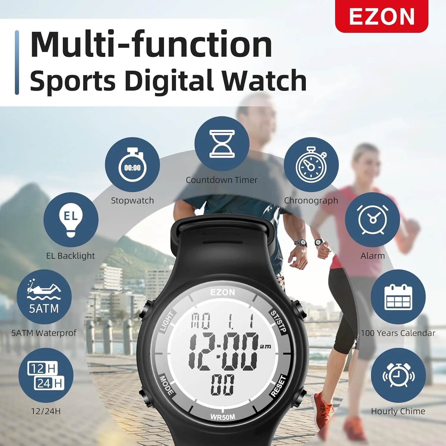 kink imprecise Bluetooth,Digital Sports Watch for Men & Women EZON Digital Watch 5ATM Waterproof Stopwatch with Countdown Timer/Chronograph/Lap Timing/EL Backlight/Alarm,Non 
