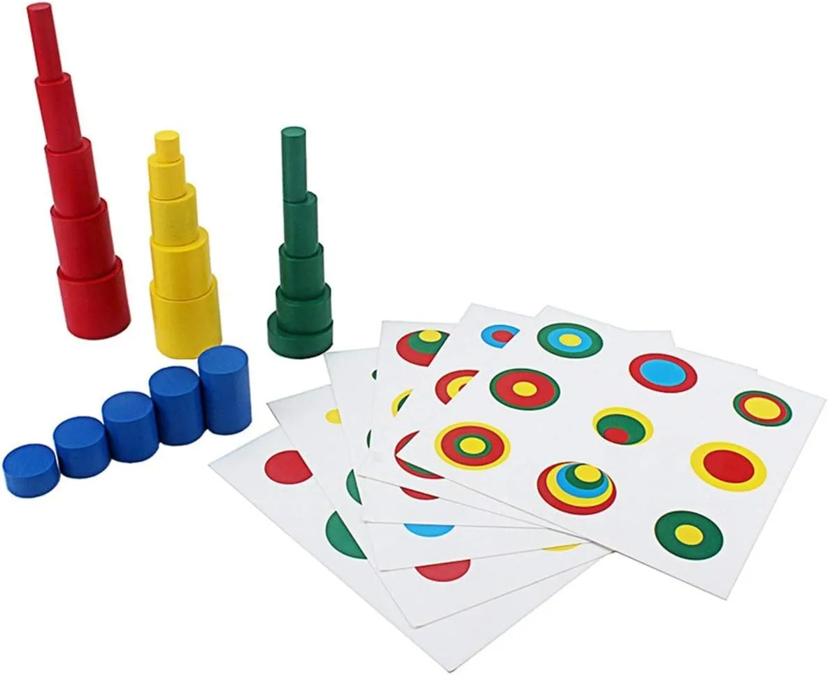 Knobless Blocks Shape & Color Recognition Material Toys (Colored Cylinders lawn drawback With Control Cards) Montessori Colored Cylinders With Control Cards Kids Wooden 