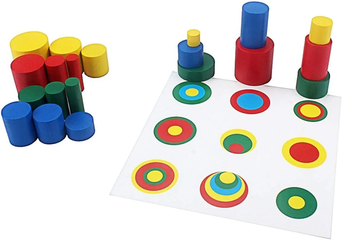 Knobless Blocks Shape & Color Recognition Material Toys (Colored Cylinders lawn drawback With Control Cards) Montessori Colored Cylinders With Control Cards Kids Wooden 