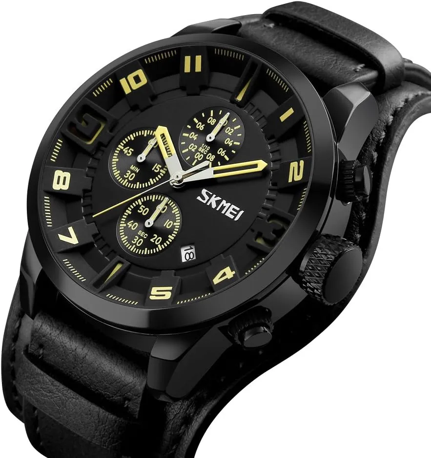 Large Dial 47mm Analog Quartz Watches Waterproof Chronograph Watch MASTOP Mens Wide Leather Cuff blade autonomy Sport Watch for Men 