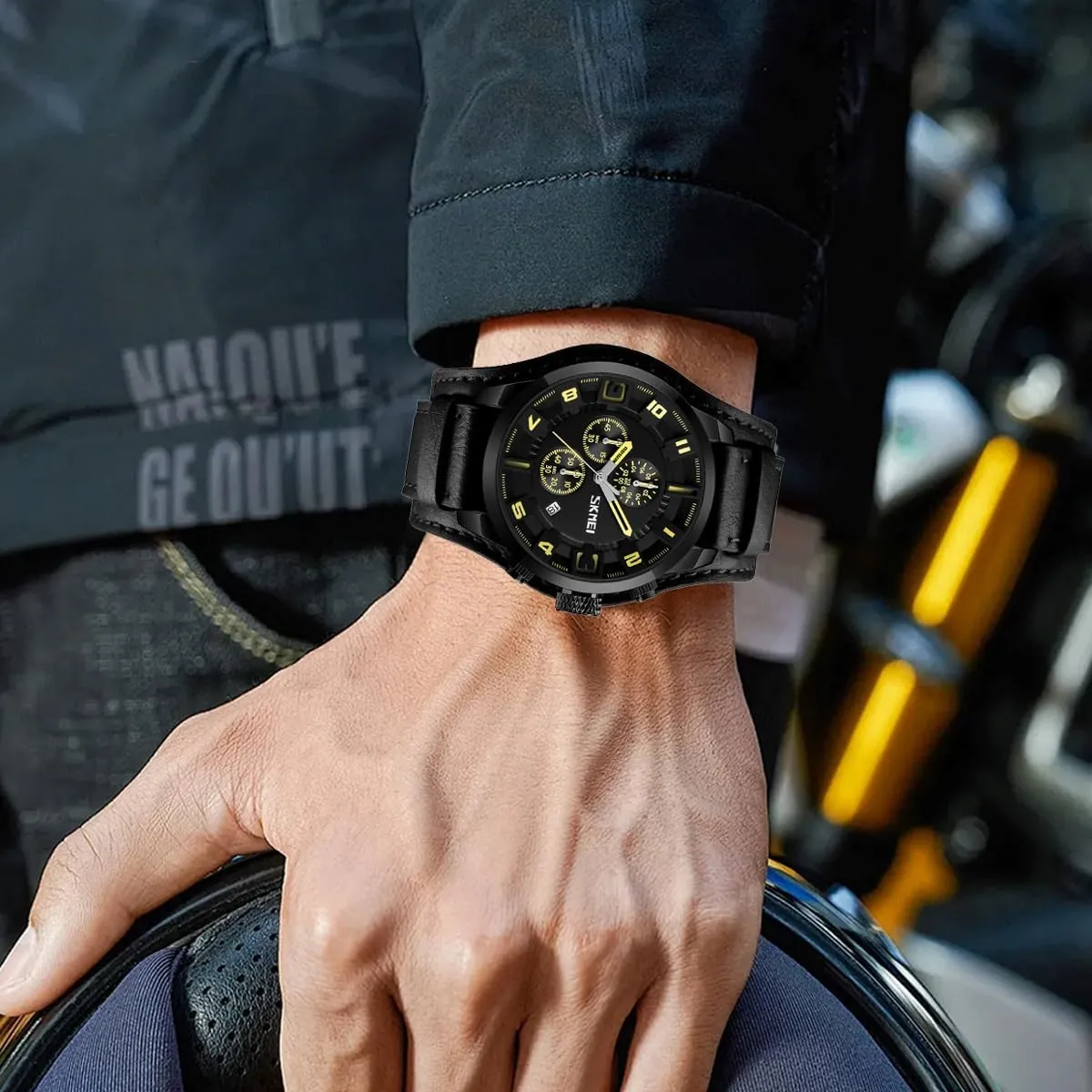 Large Dial 47mm Analog Quartz Watches Waterproof Chronograph Watch MASTOP Mens Wide Leather Cuff blade autonomy Sport Watch for Men 