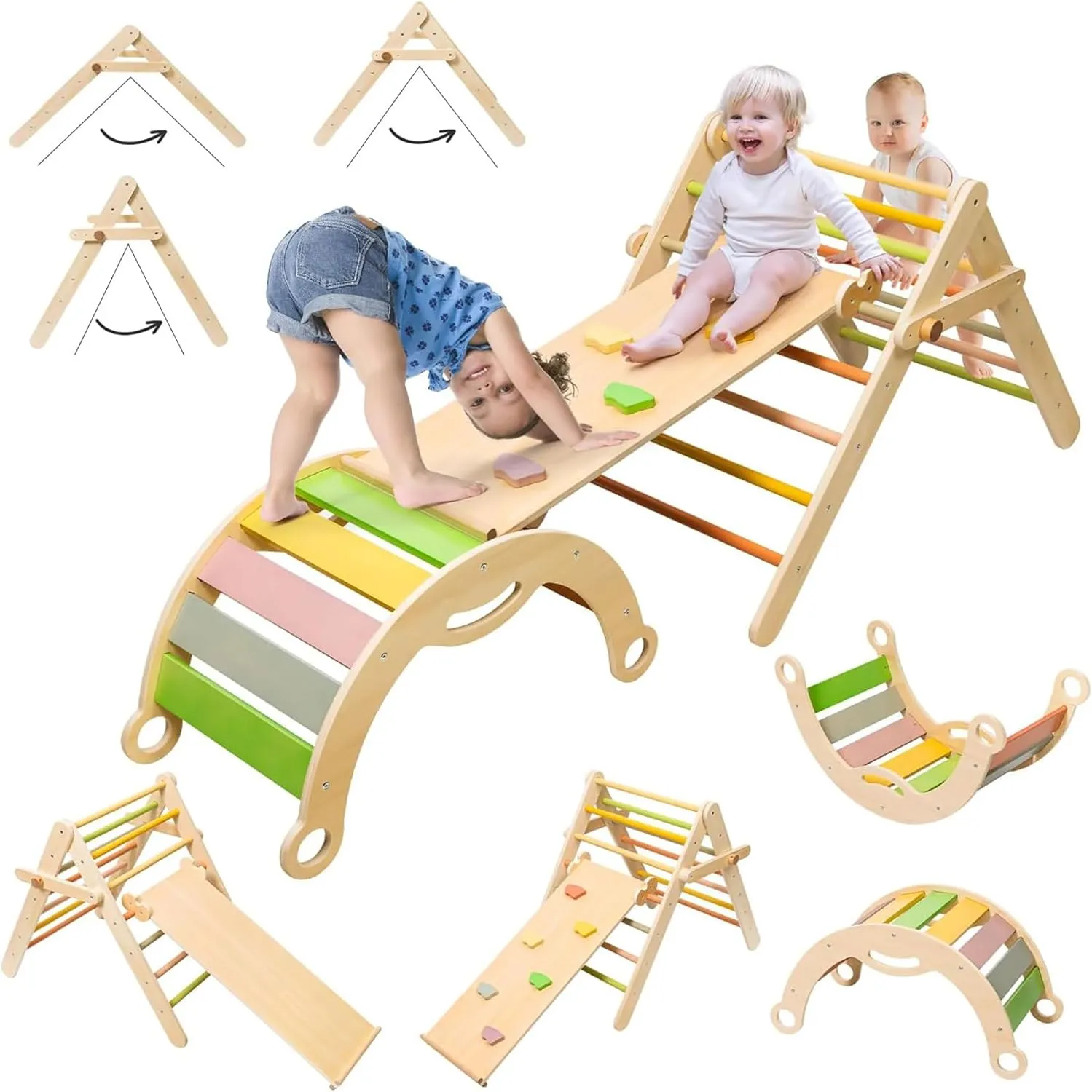 Large Size Toddler Climbing Triangle Set, Wooden Baby Jungle Gym Indoor, Foldable Montessori peat designation Climbing Set with Ramp, Arch & Climbing Triangle deli 7 in 1 Pikler Triangle Set, 