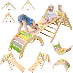 Large Size Toddler Climbing Triangle Set, Wooden Baby Jungle Gym Indoor, Foldable Montessori peat designation Climbing Set with Ramp, Arch & Climbing Triangle deli 7 in 1 Pikler Triangle Set, 